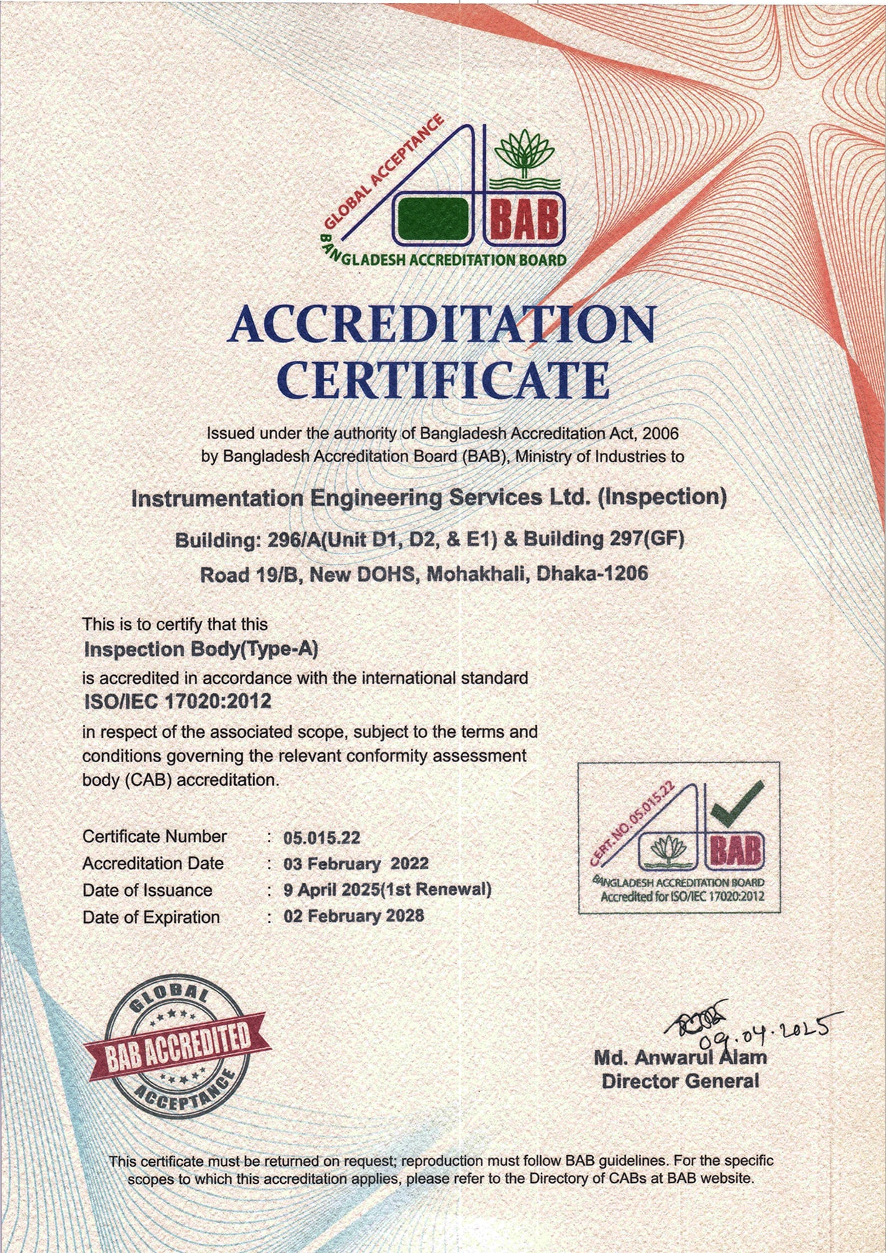 IESL ISO-IEC 17020-2012 Accreditation Certificate by Bangladesh Accreditation Board Bab