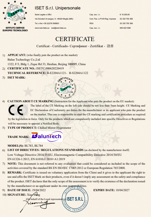 BL783 Chilled Mirror Hygrometer smaple calibration certificate